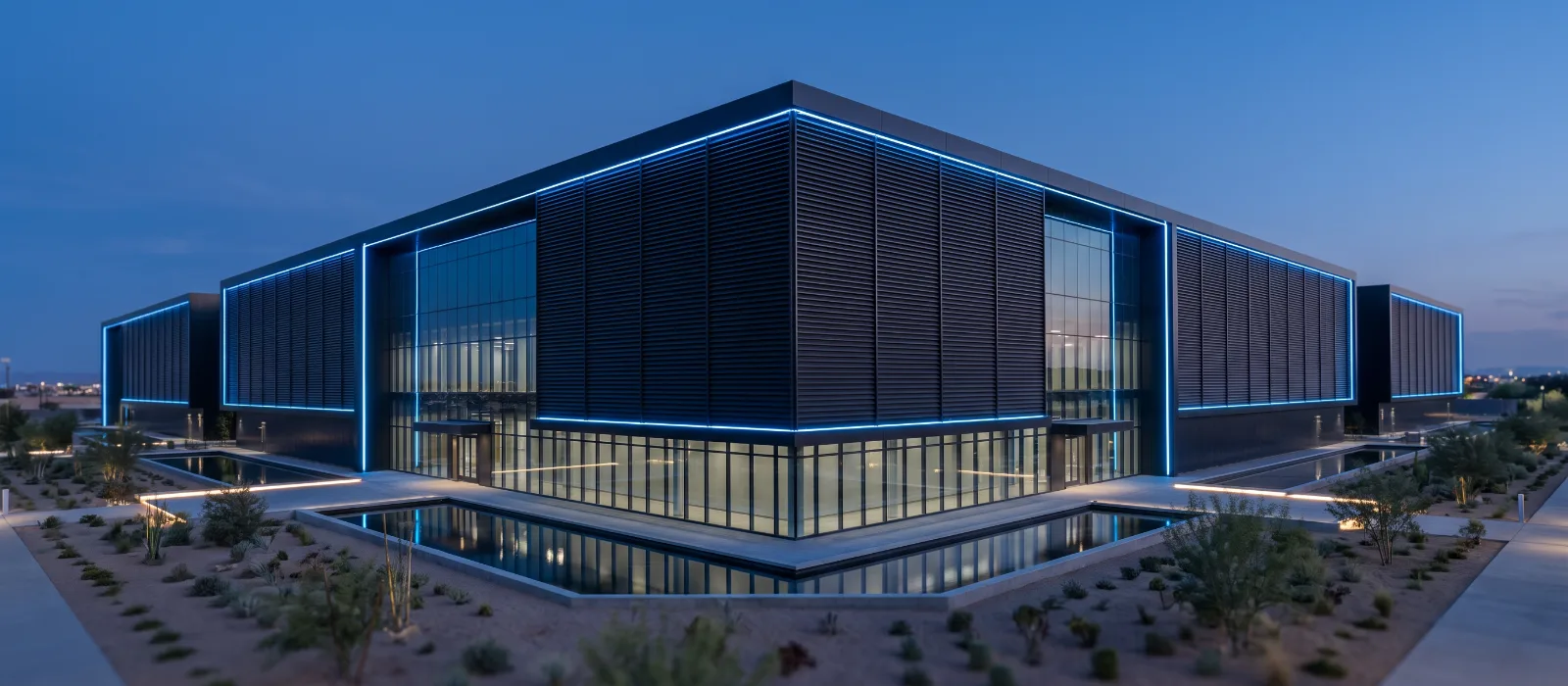 Data centre building at dusk with blue façade lighting