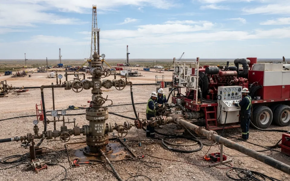 Wellhead and pumping unit on an oilfield site
