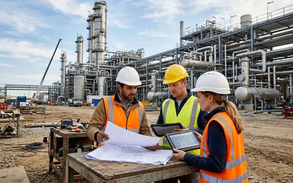 Engineers reviewing drawings at a process plant