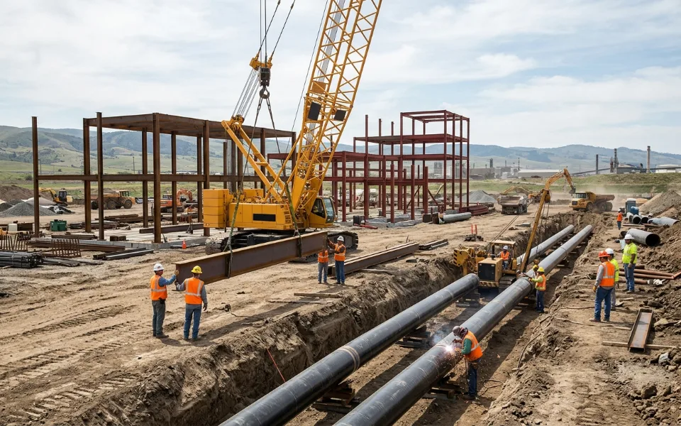 Crane lifting steel beams beside a pipeline trench