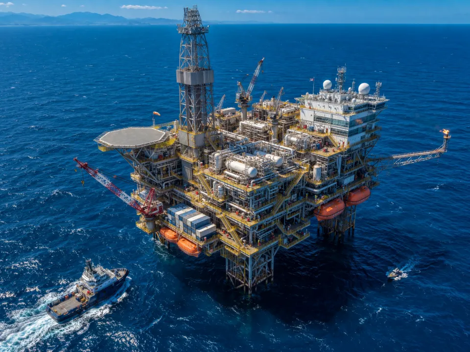 Offshore oil and gas production platform with a supply vessel alongside