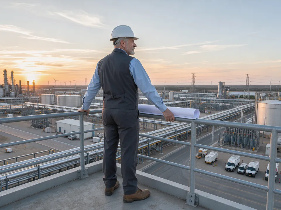 Engineer with drawings overlooking an industrial site at sunset