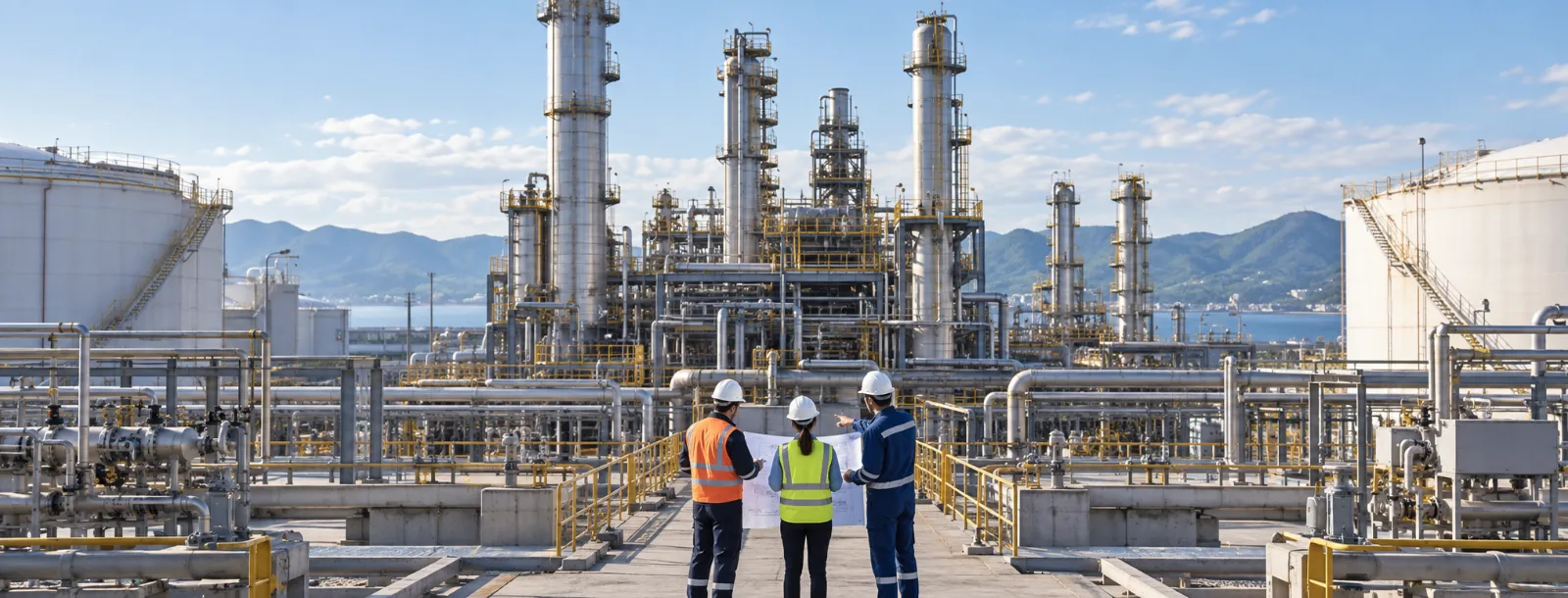 Three engineers reviewing drawings on a walkway inside a refinery