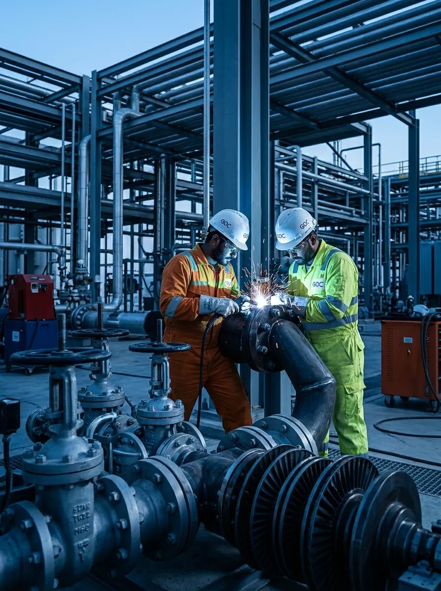 GOC technicians welding a flange on a pipe rack